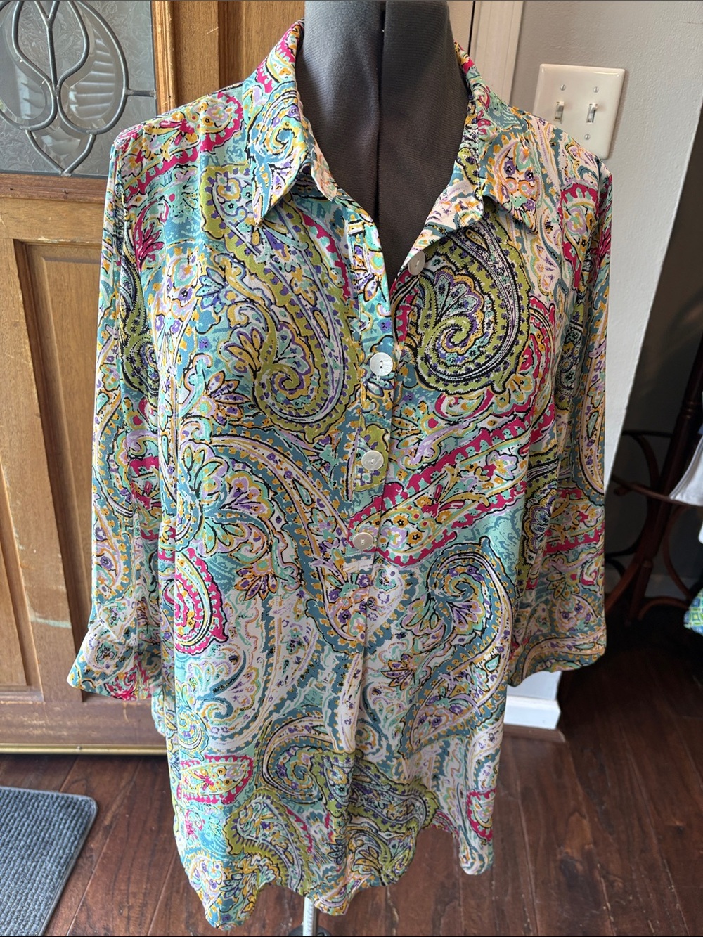 Avenue Paisley Button-Front Tunic in Aqua, Pink and Yellow